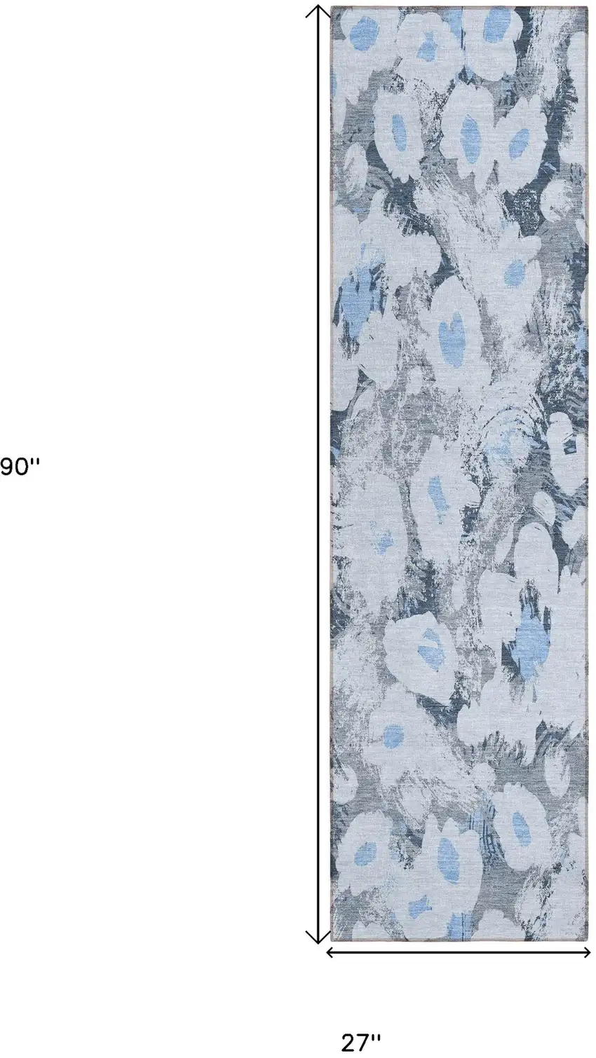 8' Runner Denim Blue Floral Washable Non Skid Indoor Outdoor Runner Rug Photo 3