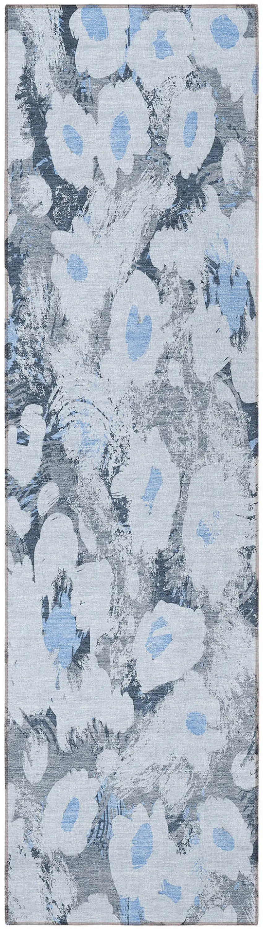 Denim Blue Floral Washable Non Skid Indoor Outdoor Runner Rug Photo 5