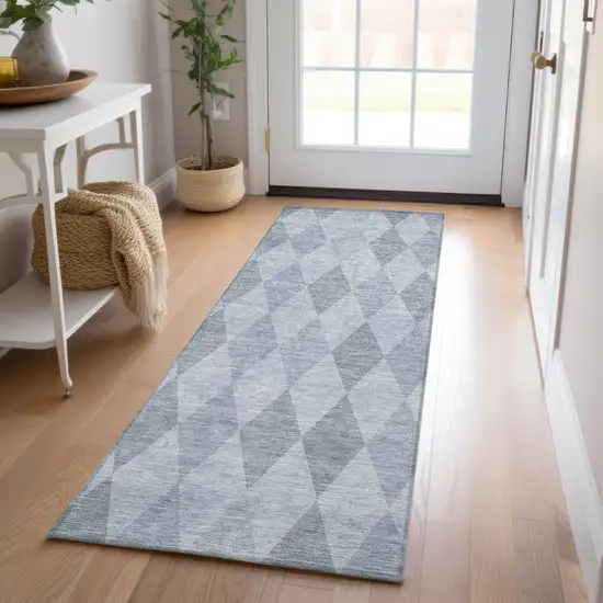 Denim Blue Geometric Washable Non Skid Indoor Outdoor Runner Rug Photo 9