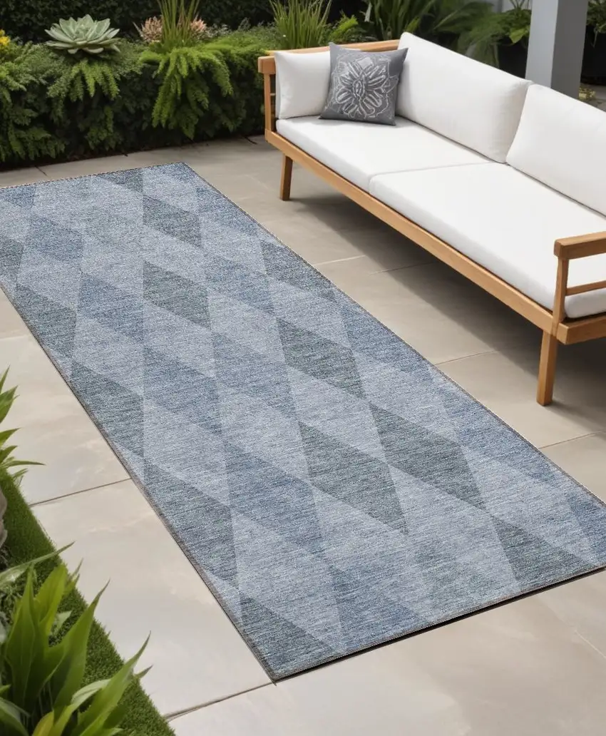 8' Runner Denim Blue Geometric Washable Non Skid Indoor Outdoor Runner Rug Photo 1