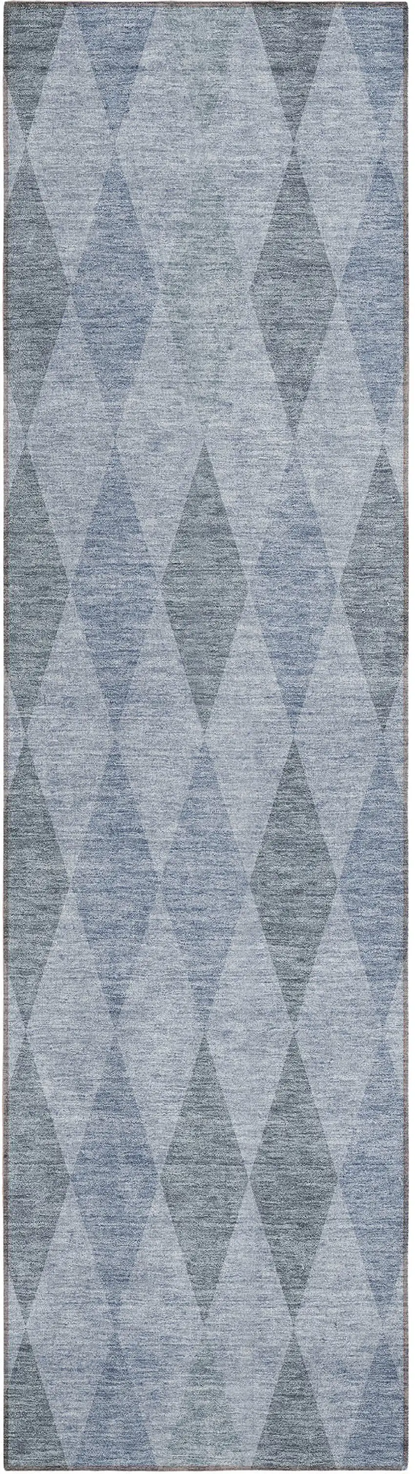 Denim Blue Geometric Washable Non Skid Indoor Outdoor Runner Rug Photo 2