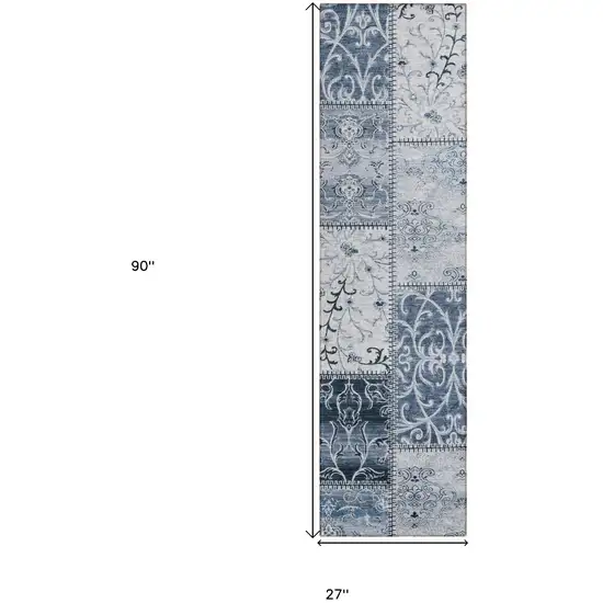 8' Runner Denim Blue Patchwork Washable Non Skid Indoor Outdoor Runner Rug Photo 3