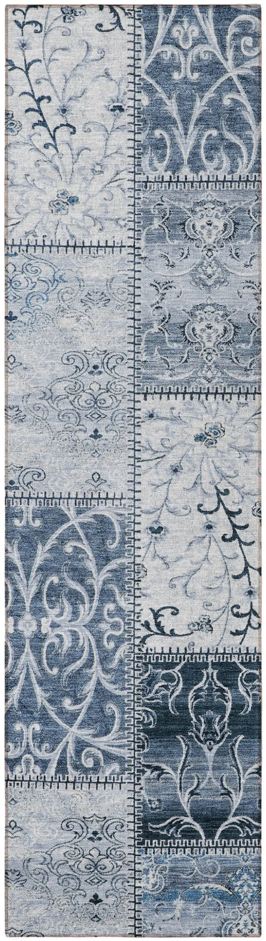 8' Runner Denim Blue Patchwork Washable Non Skid Indoor Outdoor Runner Rug Photo 5