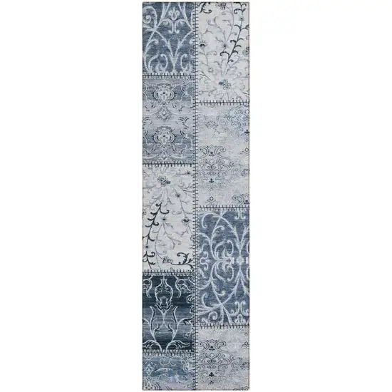 8' Runner Denim Blue Patchwork Washable Non Skid Indoor Outdoor Runner Rug Photo 2