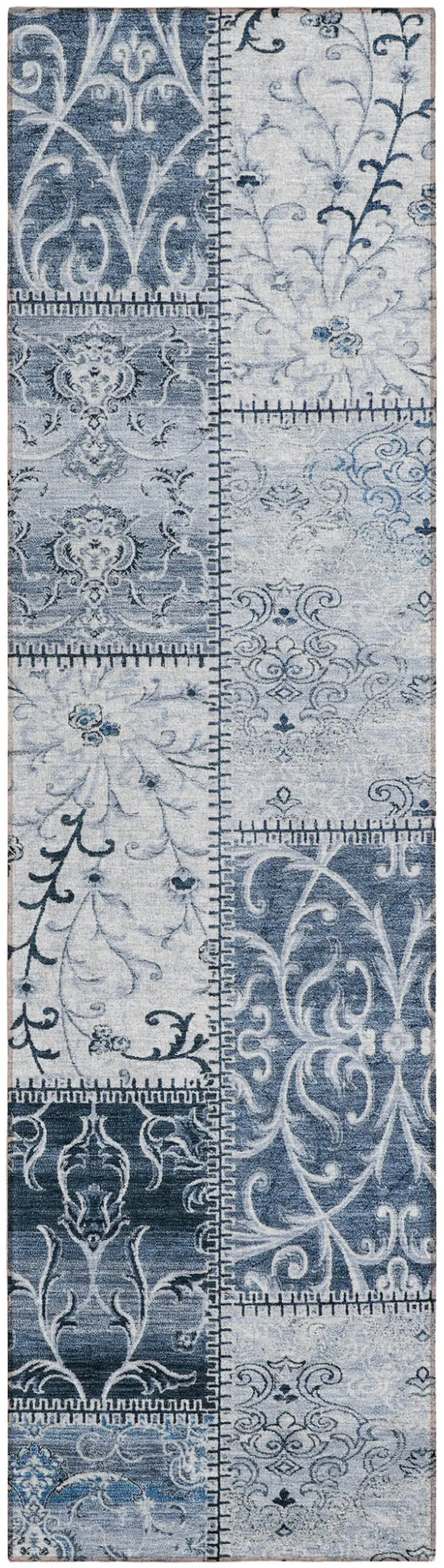 8' Runner Denim Blue Patchwork Washable Non Skid Indoor Outdoor Runner Rug Photo 2