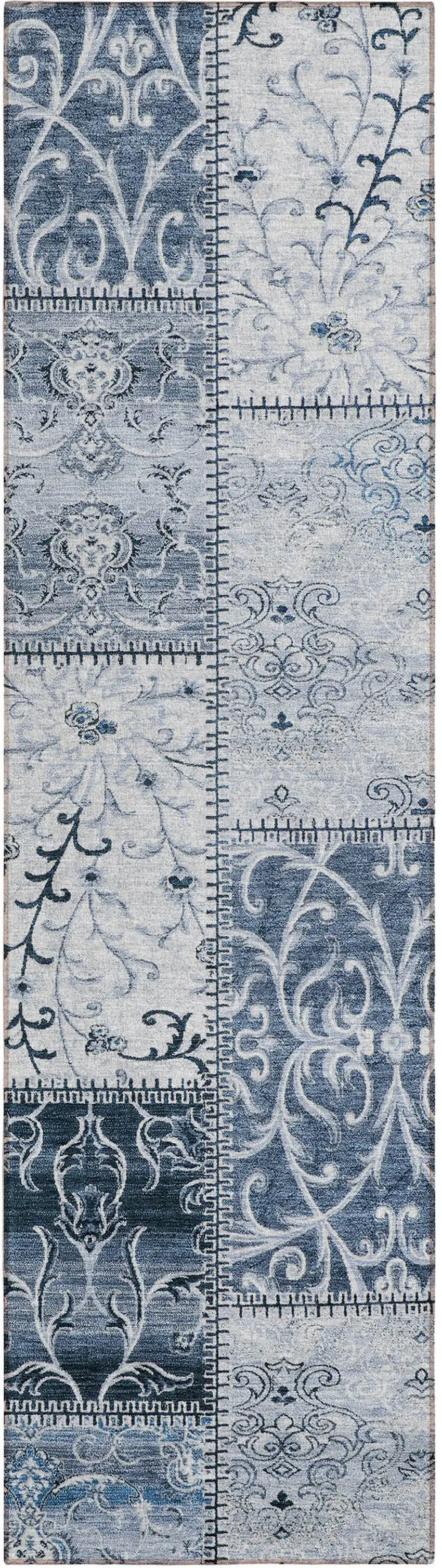 8' Runner Denim Blue Patchwork Washable Non Skid Indoor Outdoor Runner Rug Photo 2