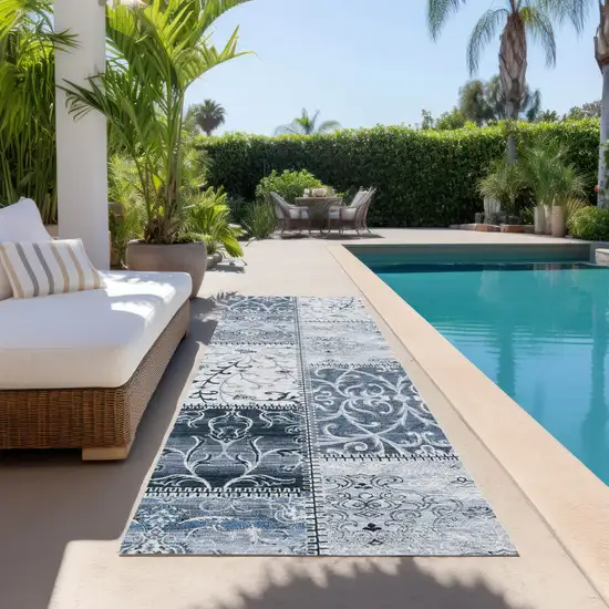 Denim Blue Patchwork Washable Non Skid Indoor Outdoor Runner Rug Photo 7