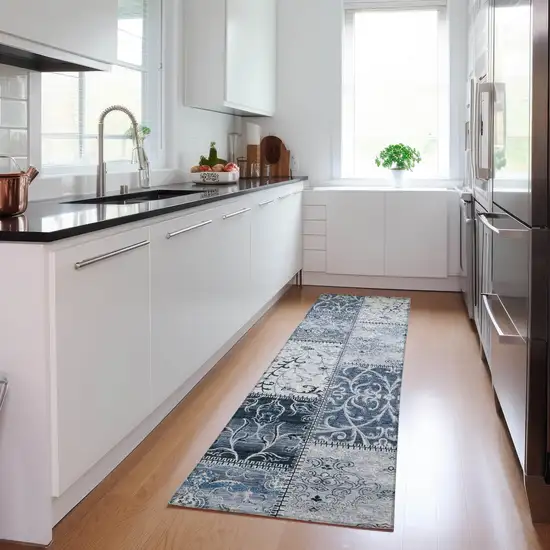 Denim Blue Patchwork Washable Non Skid Indoor Outdoor Runner Rug Photo 8