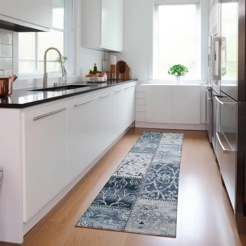 Denim Blue Patchwork Washable Non Skid Indoor Outdoor Runner Rug Photo 8