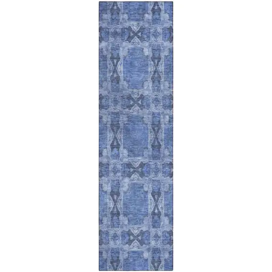 8' Runner Denim Blue and Gray Floral Medallion Washable Non Skid Indoor Outdoor Runner Rug Photo 2