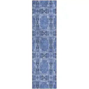 Photo of 8' Runner Denim Blue and Gray Floral Medallion Washable Non Skid Indoor Outdoor Runner Rug