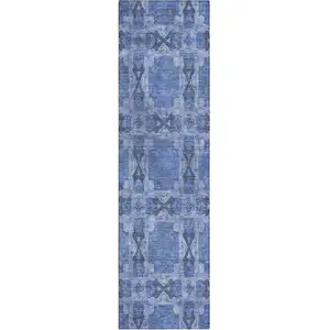 Photo of 8' Runner Denim Blue and Gray Floral Medallion Washable Non Skid Indoor Outdoor Runner Rug