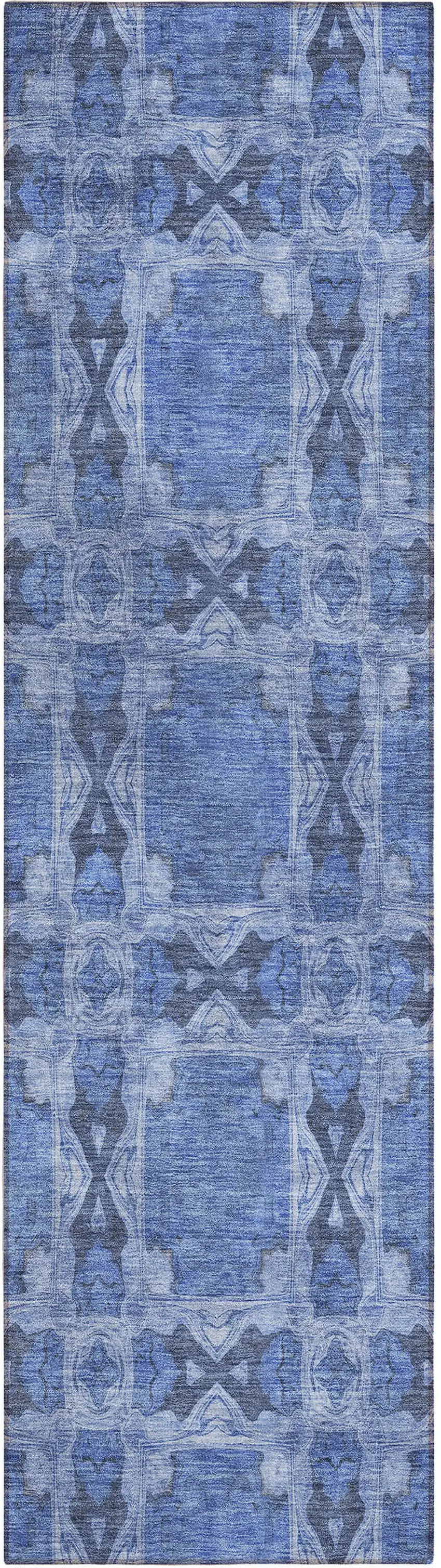 8' Runner Denim Blue and Gray Floral Medallion Washable Non Skid Indoor Outdoor Runner Rug Photo 2