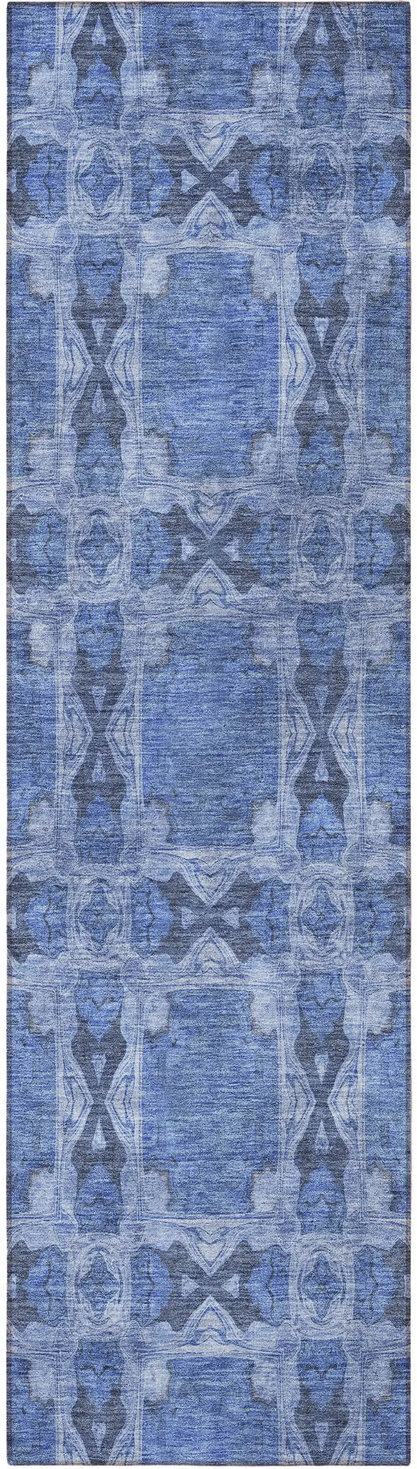 8' Runner Denim Blue and Gray Floral Medallion Washable Non Skid Indoor Outdoor Runner Rug Photo 4