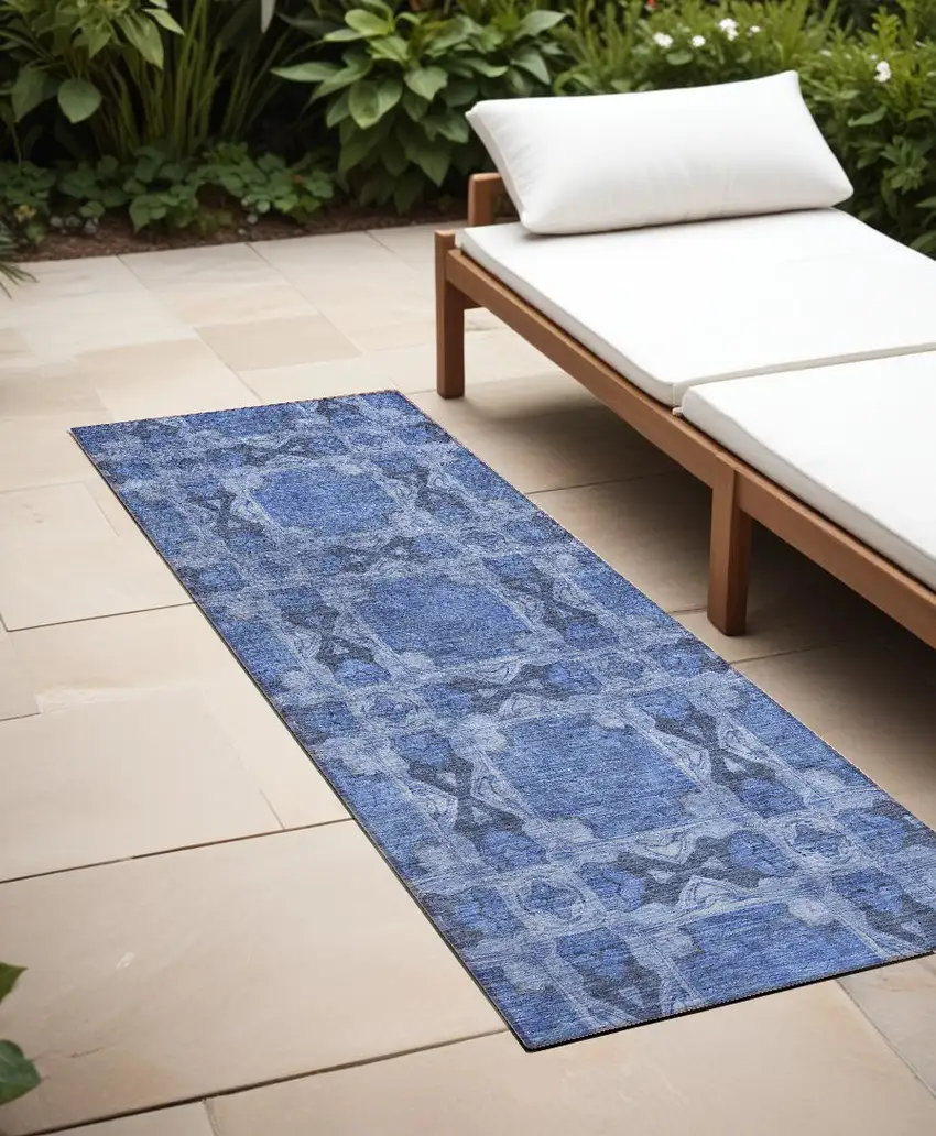8' Runner Denim Blue and Gray Floral Medallion Washable Non Skid Indoor Outdoor Runner Rug Photo 1