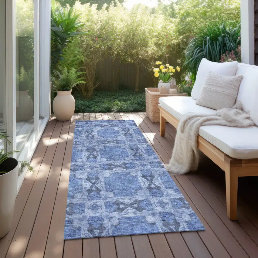 Denim Blue and Gray Floral Medallion Washable Non Skid Indoor Outdoor Runner Rug Photo 8