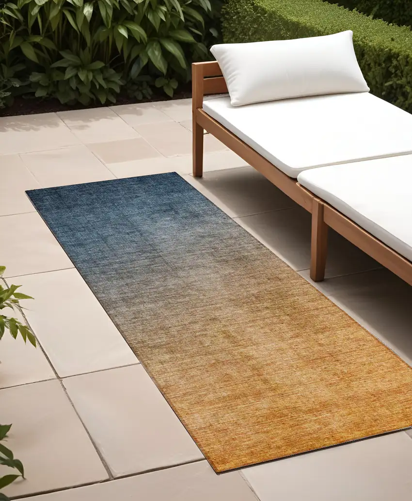8' Runner Denim and Gold Ombre Washable Non Skid Indoor Outdoor Runner Rug Photo 1
