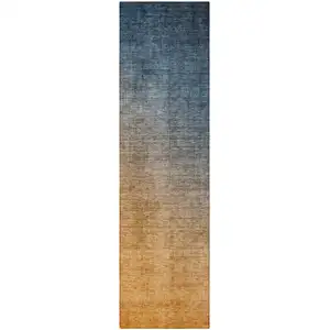 Photo of 8' Runner Denim and Gold Ombre Washable Non Skid Indoor Outdoor Runner Rug