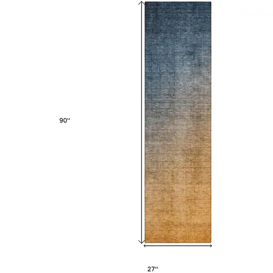 Denim and Gold Ombre Washable Non Skid Indoor Outdoor Runner Rug Photo 3