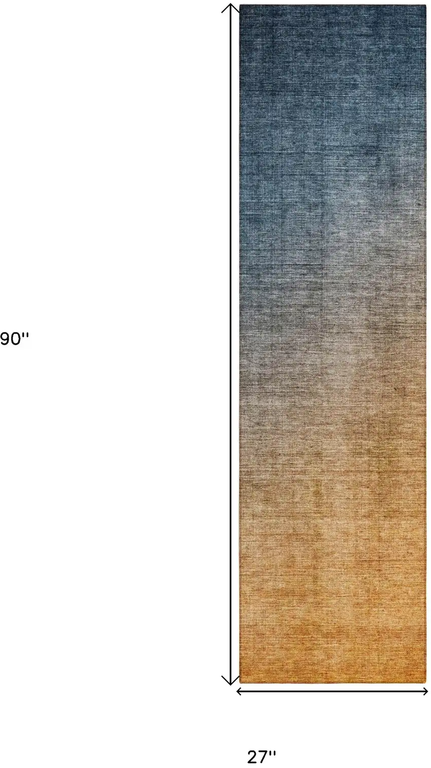 Denim and Gold Ombre Washable Non Skid Indoor Outdoor Runner Rug Photo 3