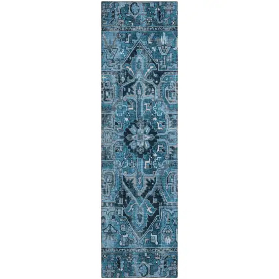 8' Runner Denim and Gray Oriental Washable Non Skid Indoor Outdoor Runner Rug Photo 2