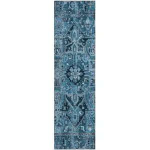 Photo of 8' Runner Denim and Gray Oriental Washable Non Skid Indoor Outdoor Runner Rug