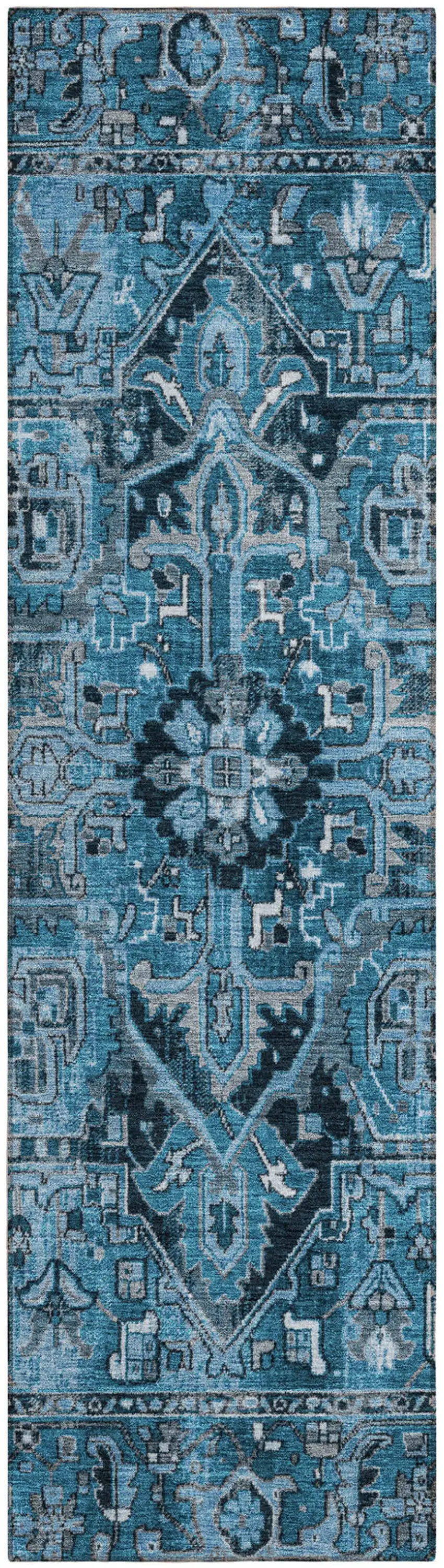 8' Runner Denim and Gray Oriental Washable Non Skid Indoor Outdoor Runner Rug Photo 2