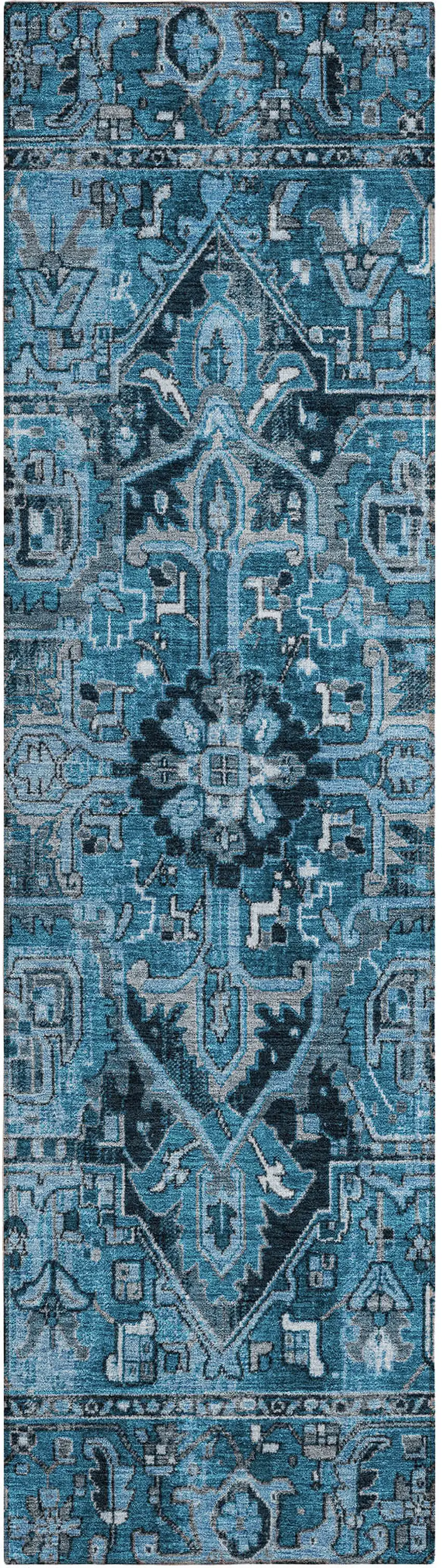8' Runner Denim and Gray Oriental Washable Non Skid Indoor Outdoor Runner Rug Photo 2