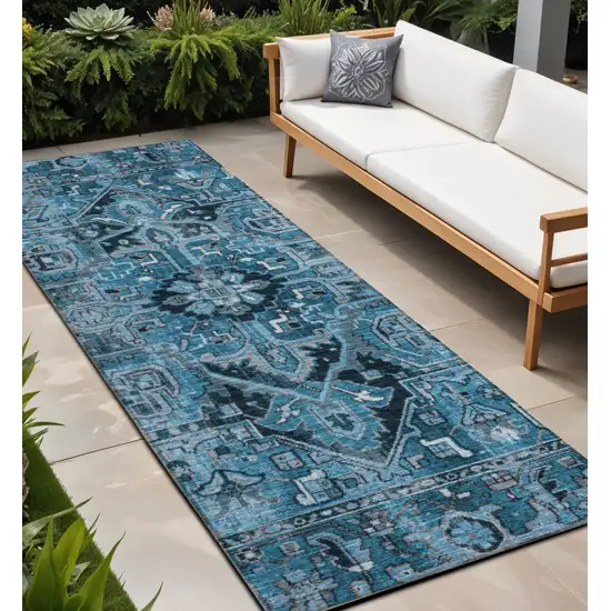 Denim and Gray Oriental Washable Non Skid Indoor Outdoor Runner Rug Photo 1