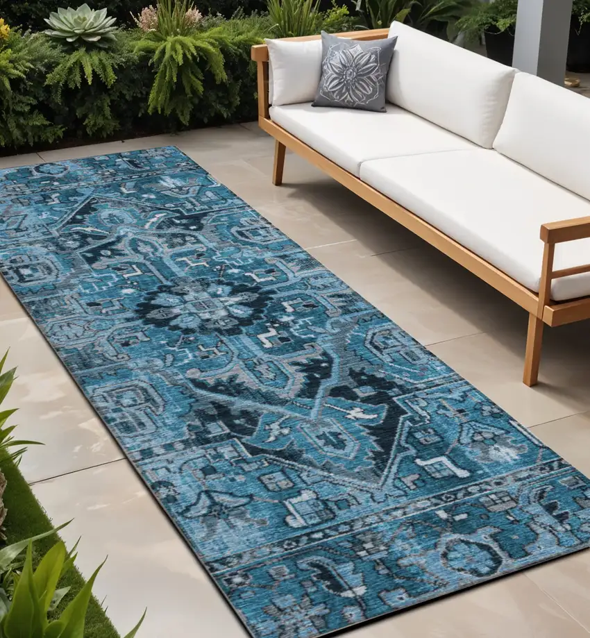 Denim and Gray Oriental Washable Non Skid Indoor Outdoor Runner Rug Photo 1