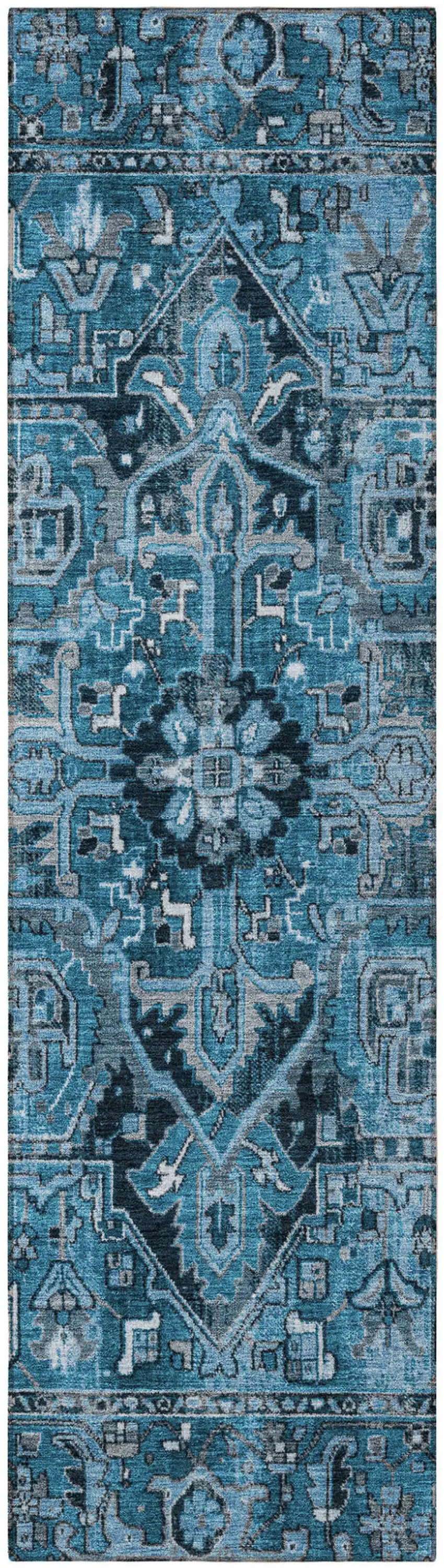 Denim and Gray Oriental Washable Non Skid Indoor Outdoor Runner Rug Photo 4