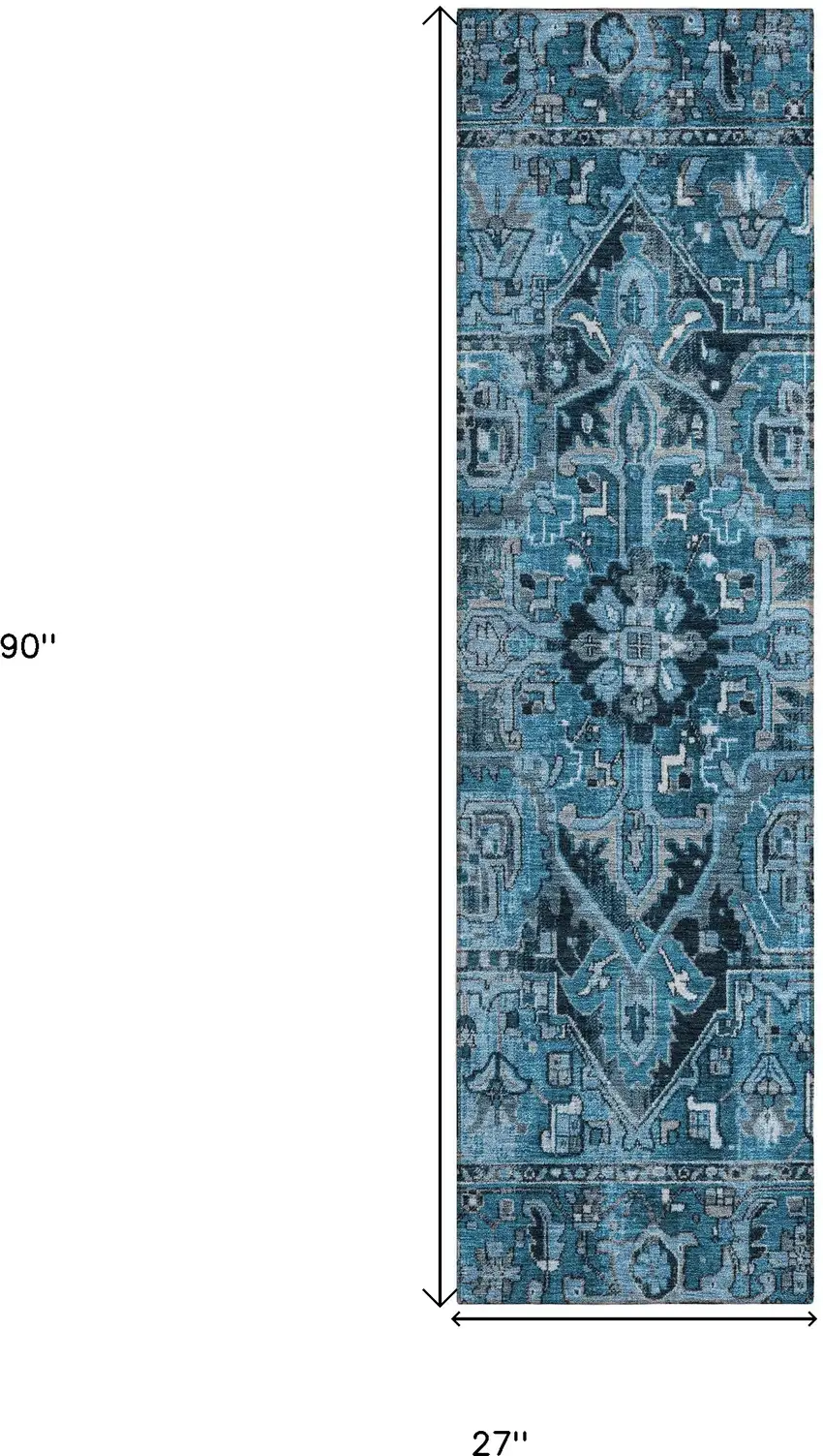 8' Runner Denim and Gray Oriental Washable Non Skid Indoor Outdoor Runner Rug Photo 3