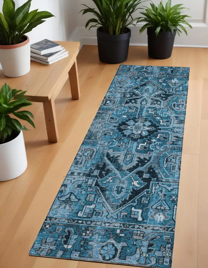 Denim and Gray Oriental Washable Non Skid Indoor Outdoor Runner Rug Photo 1