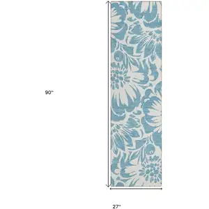 Photo of 8' Runner Denim and Ivory Floral Washable Non Skid Indoor Outdoor Runner Rug