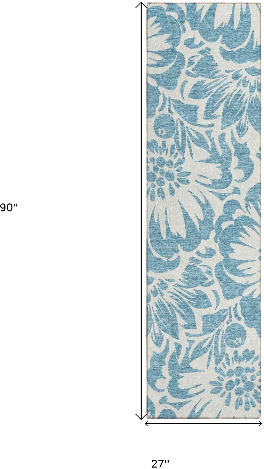 8' Runner Denim and Ivory Floral Washable Non Skid Indoor Outdoor Runner Rug Photo 3