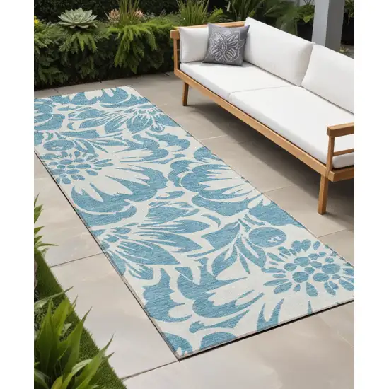 Denim and Ivory Floral Washable Non Skid Indoor Outdoor Runner Rug Photo 1