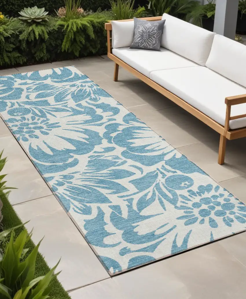 Denim and Ivory Floral Washable Non Skid Indoor Outdoor Runner Rug Photo 1