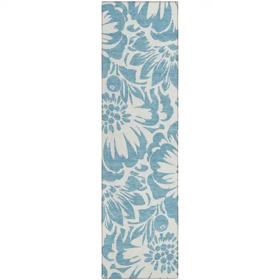 Denim and Ivory Floral Washable Non Skid Indoor Outdoor Runner Rug Photo 2