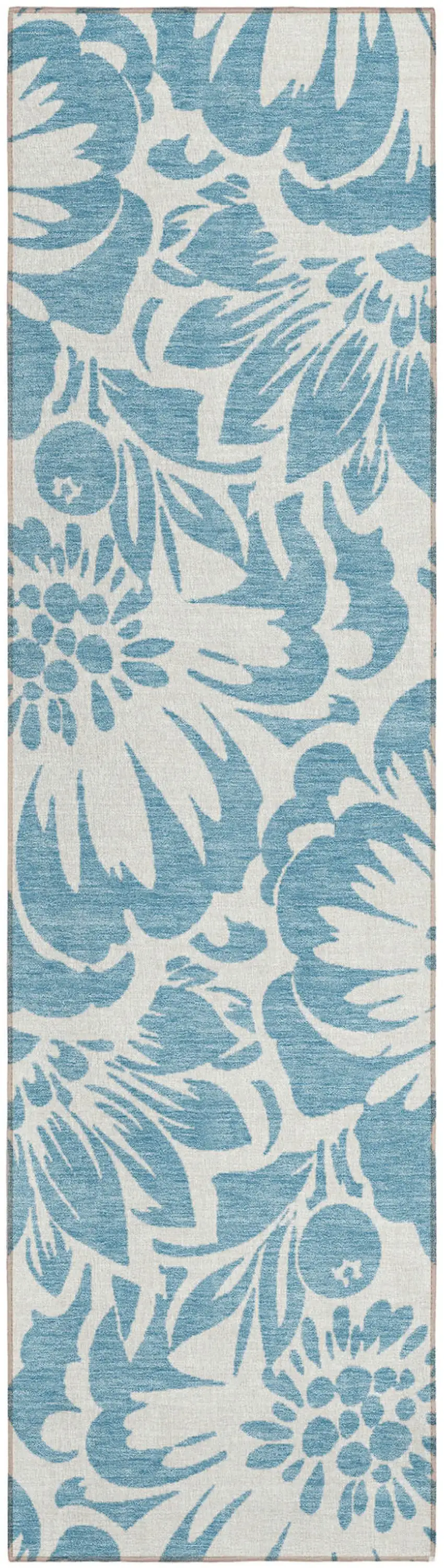 Denim and Ivory Floral Washable Non Skid Indoor Outdoor Runner Rug Photo 2