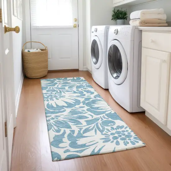 Denim and Ivory Floral Washable Non Skid Indoor Outdoor Runner Rug Photo 9
