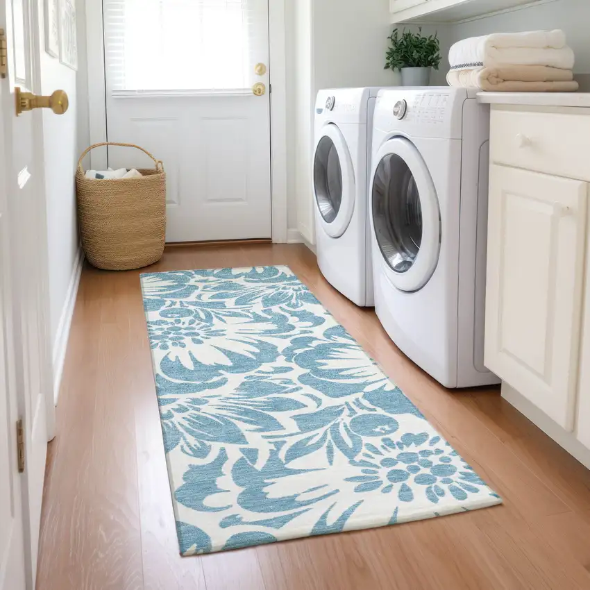 Denim and Ivory Floral Washable Non Skid Indoor Outdoor Runner Rug Photo 9
