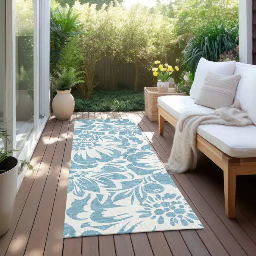Denim and Ivory Floral Washable Non Skid Indoor Outdoor Runner Rug Photo 8