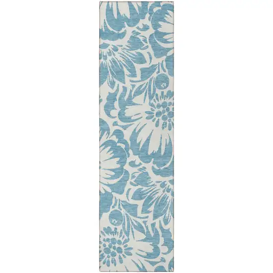 8' Runner Denim and Ivory Floral Washable Non Skid Indoor Outdoor Runner Rug Photo 5