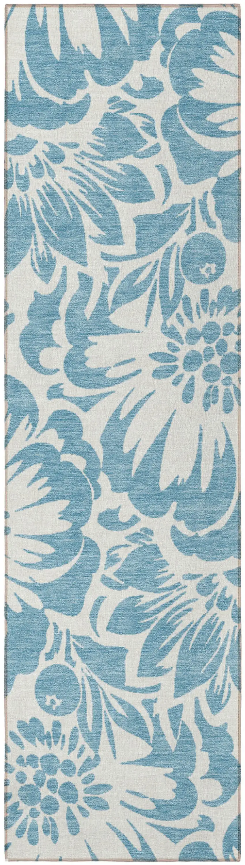 8' Runner Denim and Ivory Floral Washable Non Skid Indoor Outdoor Runner Rug Photo 4