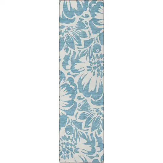 8' Runner Denim and Ivory Floral Washable Non Skid Indoor Outdoor Runner Rug Photo 4