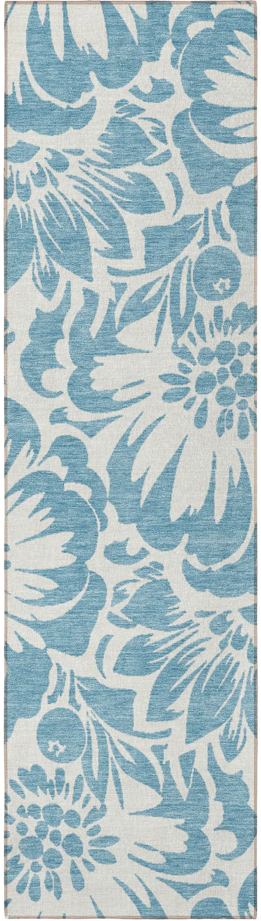 8' Runner Denim and Ivory Floral Washable Non Skid Indoor Outdoor Runner Rug Photo 4