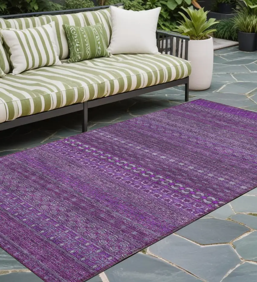 Eggplant Striped Washable Indoor Outdoor Runner Rug Photo 1