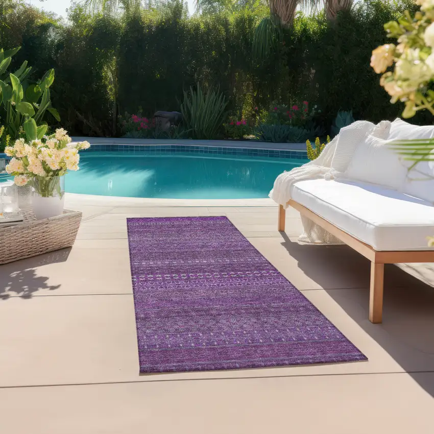 Eggplant Striped Washable Indoor Outdoor Runner Rug Photo 7