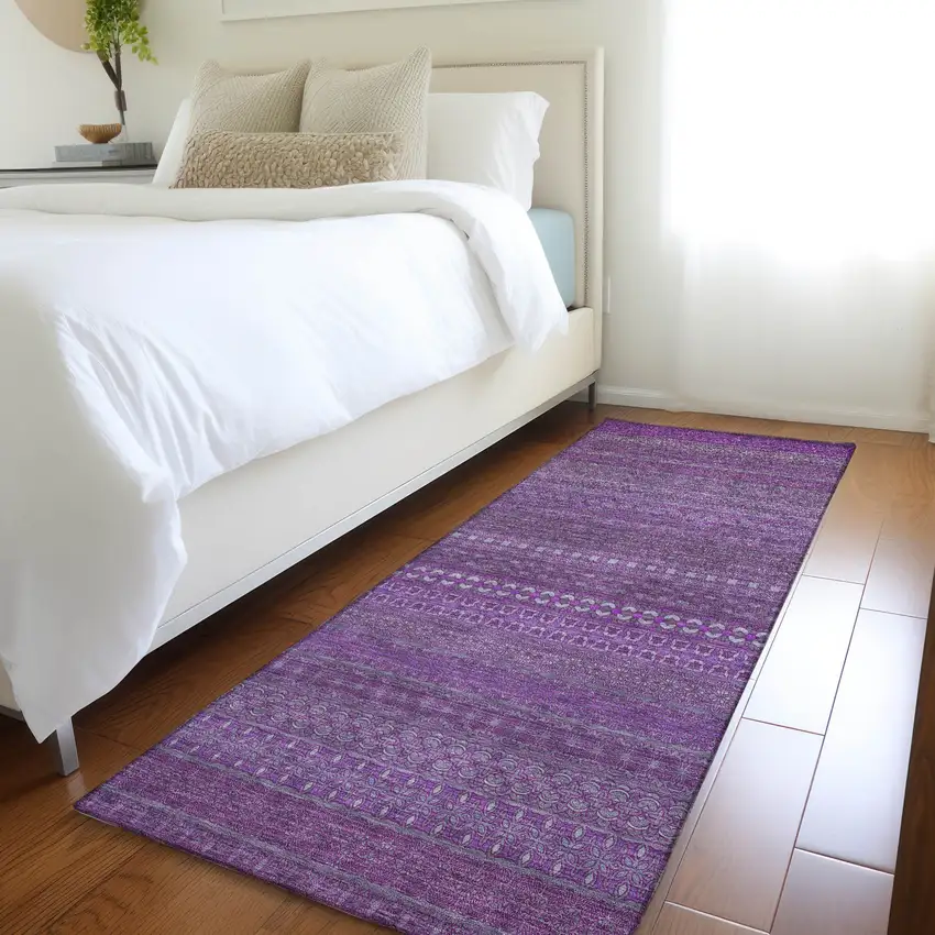 Eggplant Striped Washable Indoor Outdoor Runner Rug Photo 8