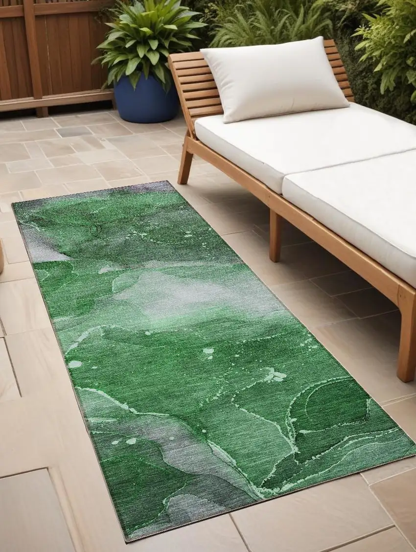 8' Runner Emerald Abstract Washable Non Skid Indoor Outdoor Runner Rug Photo 1